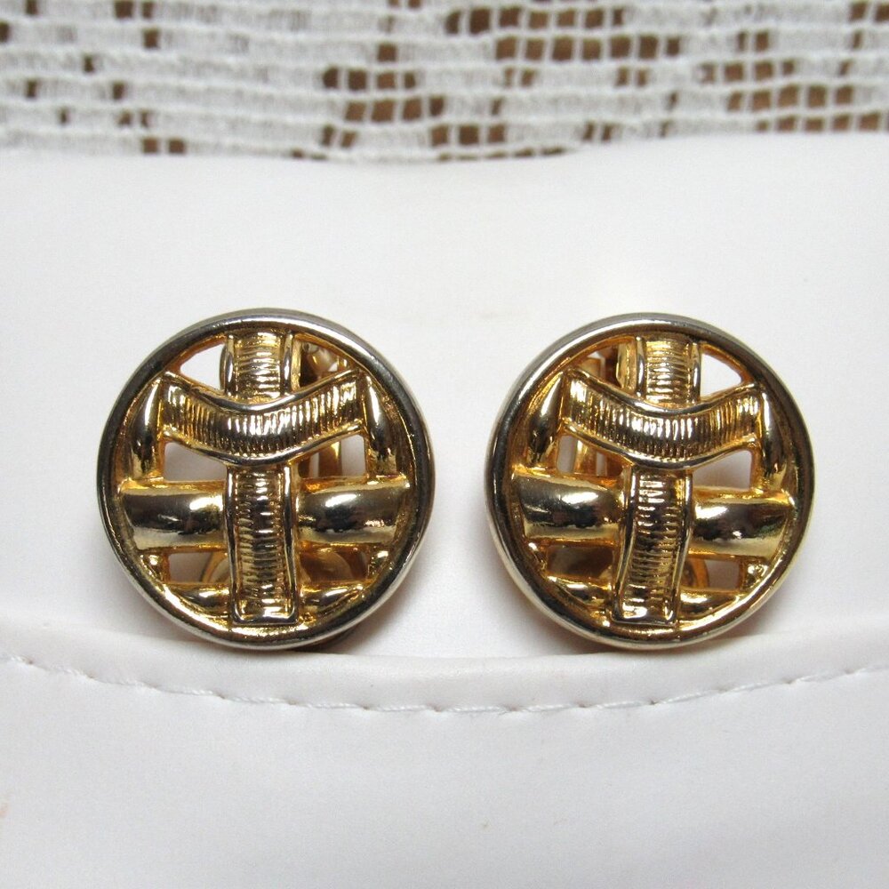 CLIP ON Earrings Button Medallion Lattice Design Round Gold Plated 80s Style